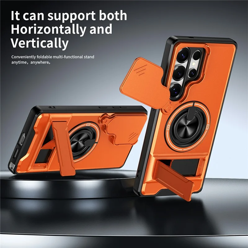 Bulk Purchasing For Samsung Galaxy S25 Ultra Magnetic Case Ring Holder Foldable Kickstand TPU PC Phone Cover with Camera Lens Slider - Orange