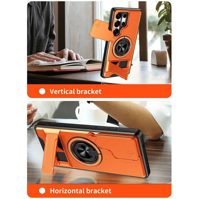 Bulk Purchasing For Samsung Galaxy S25 Ultra Magnetic Case Ring Holder Foldable Kickstand TPU PC Phone Cover with Camera Lens Slider - Orange