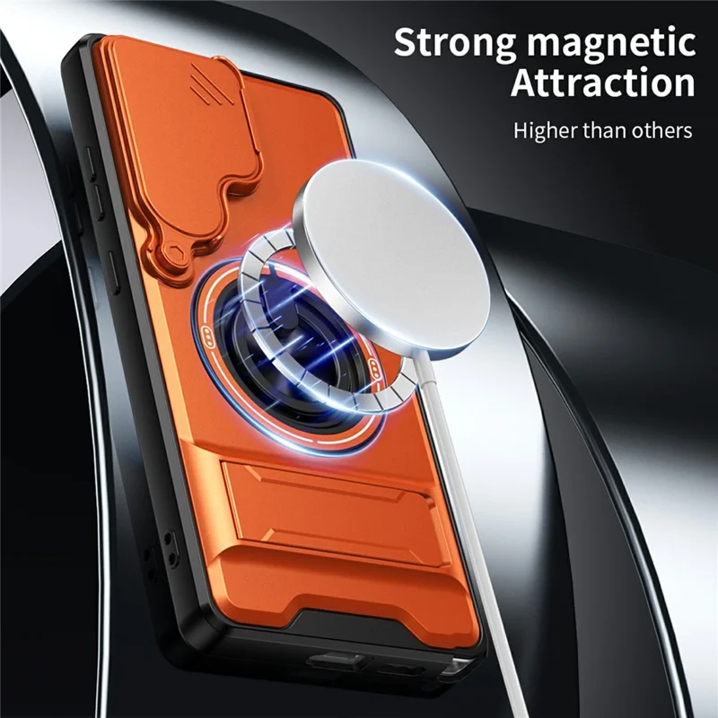 Bulk Purchasing For Samsung Galaxy S25 Ultra Magnetic Case Ring Holder Foldable Kickstand TPU PC Phone Cover with Camera Lens Slider - Orange