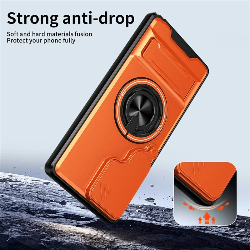 Bulk Purchasing For Samsung Galaxy S25 Ultra Magnetic Case Ring Holder Foldable Kickstand TPU PC Phone Cover with Camera Lens Slider - Orange