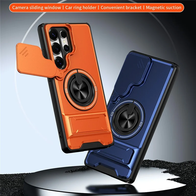Bulk Purchasing For Samsung Galaxy S25 Ultra Magnetic Case Ring Holder Foldable Kickstand TPU PC Phone Cover with Camera Lens Slider - Orange