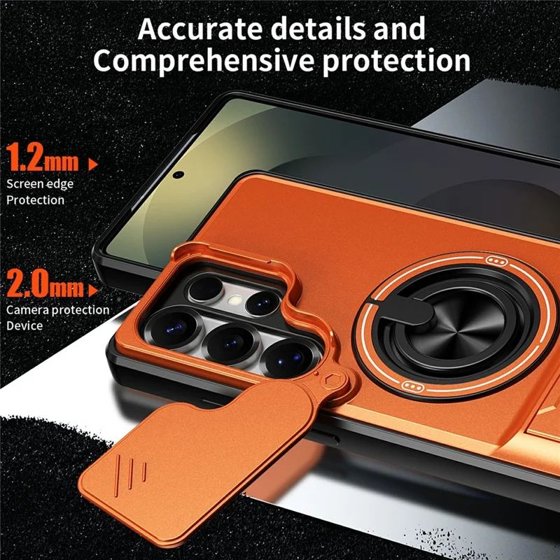 Bulk Purchasing For Samsung Galaxy S25 Ultra Magnetic Case Ring Holder Foldable Kickstand TPU PC Phone Cover with Camera Lens Slider - Orange