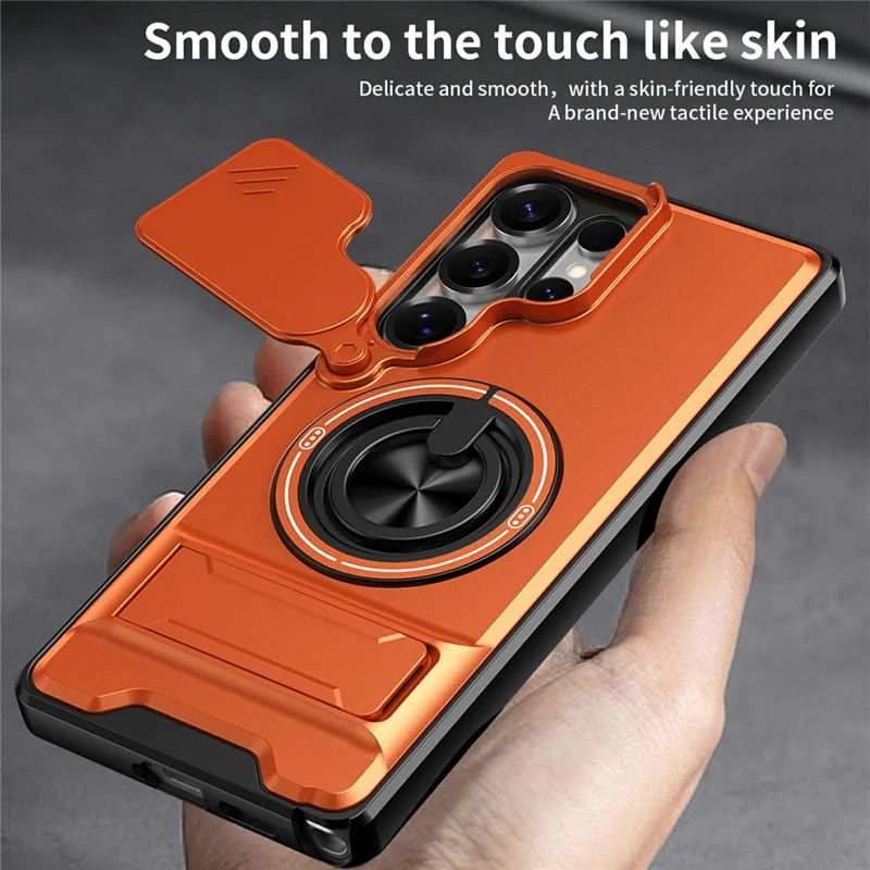Bulk Purchasing For Samsung Galaxy S25 Ultra Magnetic Case Ring Holder Foldable Kickstand TPU PC Phone Cover with Camera Lens Slider - Orange