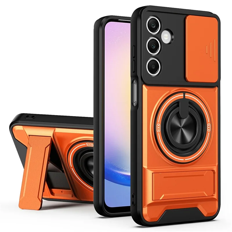 Bulk Purchasing For Samsung Galaxy A25 5G (Global) (161mm) Magnetic Case Ring Holder Foldable Kickstand TPU PC Phone Cover with Camera Lens Slider - Orange