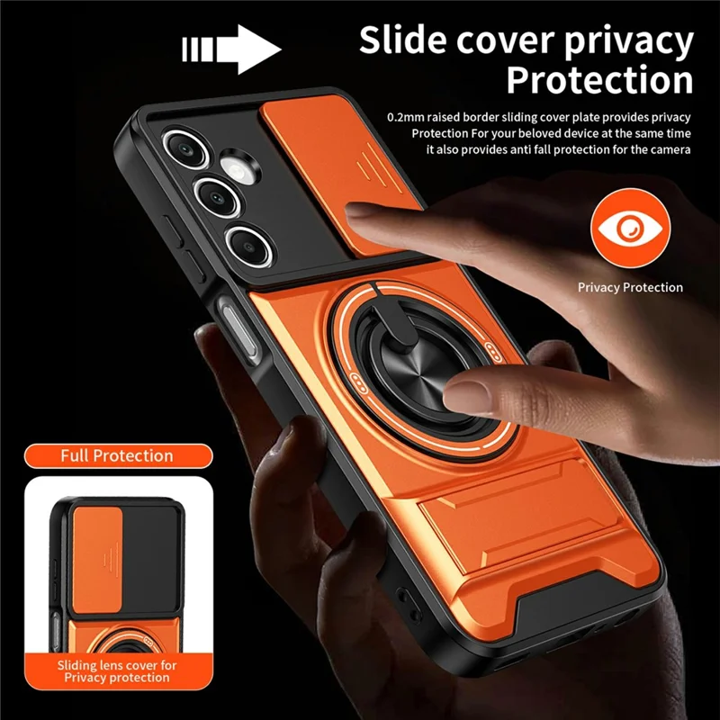 Bulk Purchasing For Samsung Galaxy A25 5G (Global) (161mm) Magnetic Case Ring Holder Foldable Kickstand TPU PC Phone Cover with Camera Lens Slider - Orange