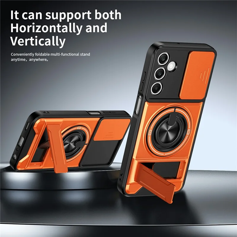 Bulk Purchasing For Samsung Galaxy A25 5G (Global) (161mm) Magnetic Case Ring Holder Foldable Kickstand TPU PC Phone Cover with Camera Lens Slider - Orange