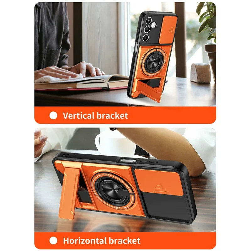 Bulk Purchasing For Samsung Galaxy A25 5G (Global) (161mm) Magnetic Case Ring Holder Foldable Kickstand TPU PC Phone Cover with Camera Lens Slider - Orange
