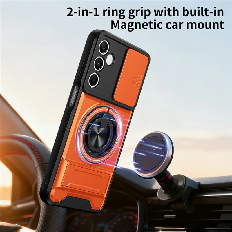 Bulk Purchasing For Samsung Galaxy A25 5G (Global) (161mm) Magnetic Case Ring Holder Foldable Kickstand TPU PC Phone Cover with Camera Lens Slider - Orange