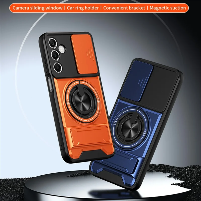 Bulk Purchasing For Samsung Galaxy A25 5G (Global) (161mm) Magnetic Case Ring Holder Foldable Kickstand TPU PC Phone Cover with Camera Lens Slider - Orange