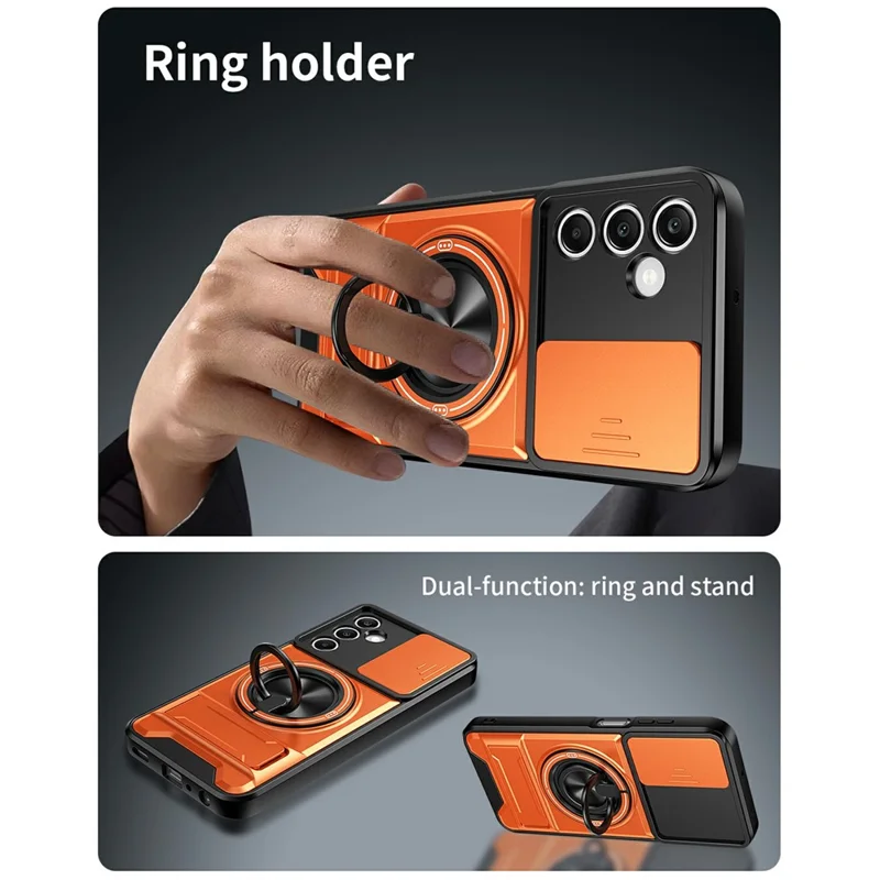 Bulk Purchasing For Samsung Galaxy A25 5G (Global) (161mm) Magnetic Case Ring Holder Foldable Kickstand TPU PC Phone Cover with Camera Lens Slider - Orange
