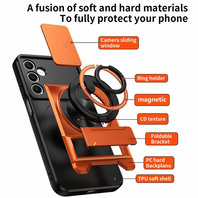 Bulk Purchasing For Samsung Galaxy A25 5G (Global) (161mm) Magnetic Case Ring Holder Foldable Kickstand TPU PC Phone Cover with Camera Lens Slider - Orange