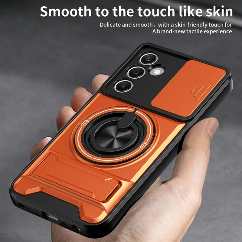 Bulk Purchasing For Samsung Galaxy A25 5G (Global) (161mm) Magnetic Case Ring Holder Foldable Kickstand TPU PC Phone Cover with Camera Lens Slider - Orange