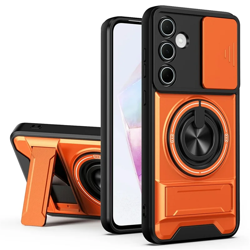 Bulk Purchasing For Samsung Galaxy A55 5G Magnetic Case Ring Holder Foldable Kickstand TPU PC Phone Cover with Camera Lens Slider - Orange