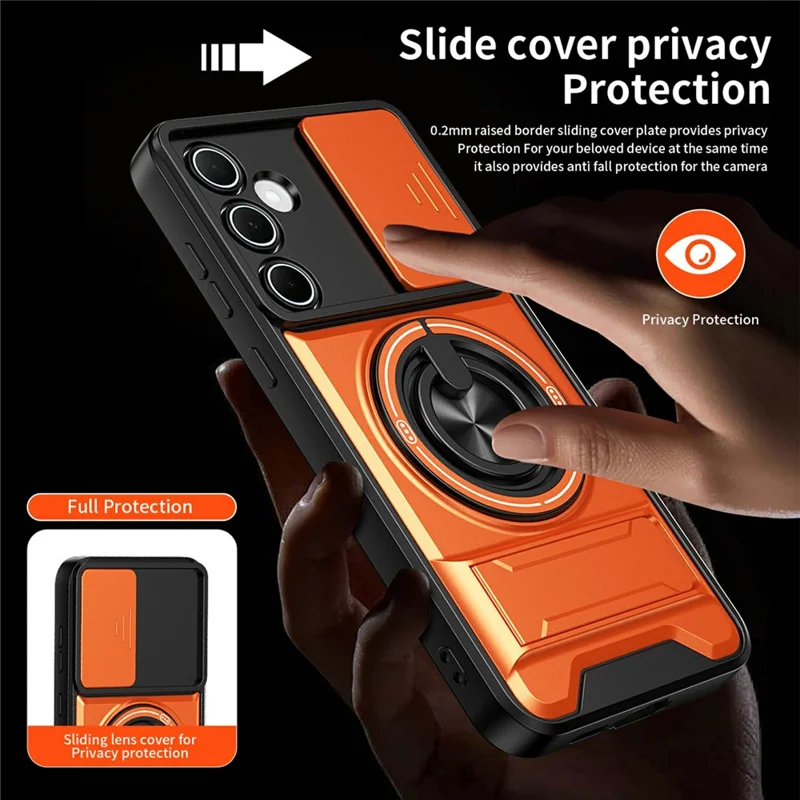 Bulk Purchasing For Samsung Galaxy A55 5G Magnetic Case Ring Holder Foldable Kickstand TPU PC Phone Cover with Camera Lens Slider - Orange