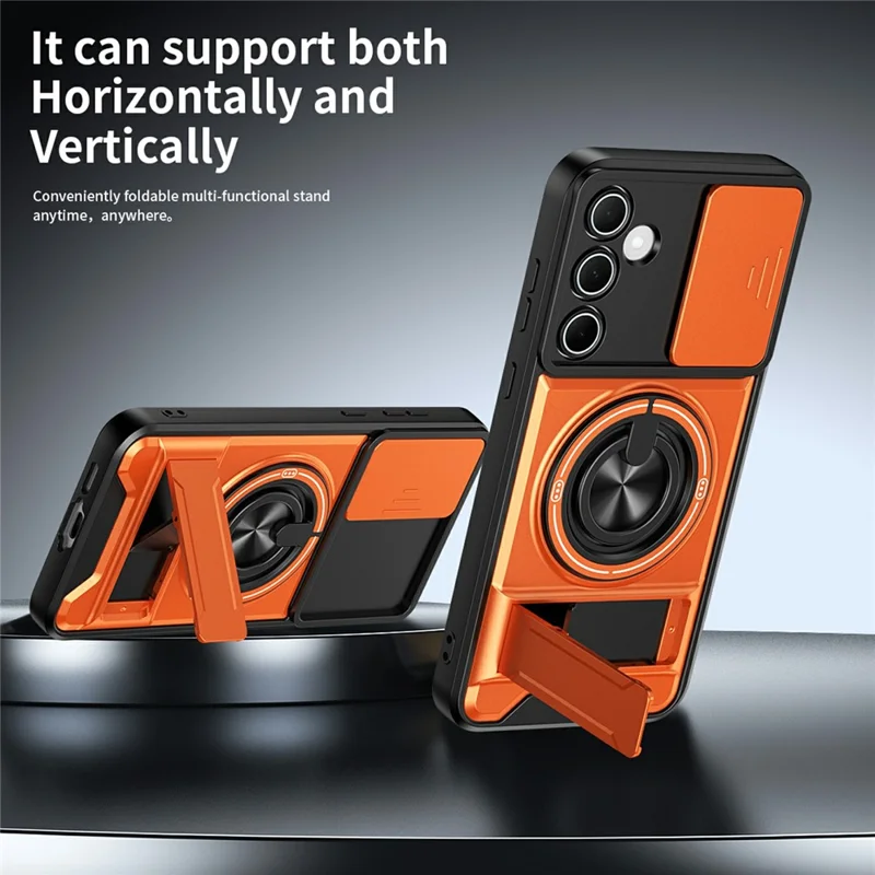 Bulk Purchasing For Samsung Galaxy A55 5G Magnetic Case Ring Holder Foldable Kickstand TPU PC Phone Cover with Camera Lens Slider - Orange