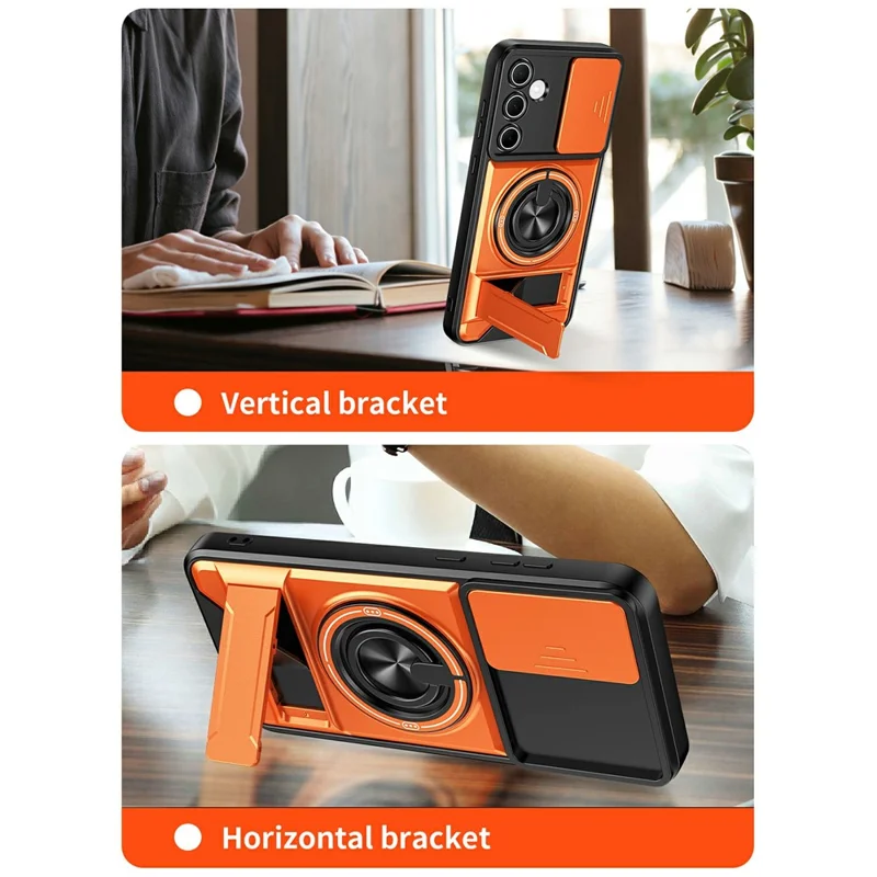 Bulk Purchasing For Samsung Galaxy A55 5G Magnetic Case Ring Holder Foldable Kickstand TPU PC Phone Cover with Camera Lens Slider - Orange