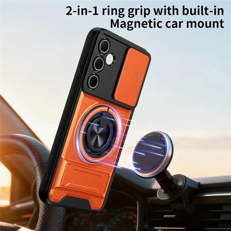 Bulk Purchasing For Samsung Galaxy A55 5G Magnetic Case Ring Holder Foldable Kickstand TPU PC Phone Cover with Camera Lens Slider - Orange