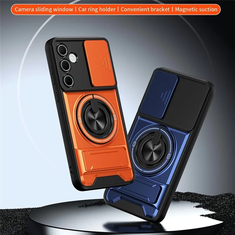 Bulk Purchasing For Samsung Galaxy A55 5G Magnetic Case Ring Holder Foldable Kickstand TPU PC Phone Cover with Camera Lens Slider - Orange