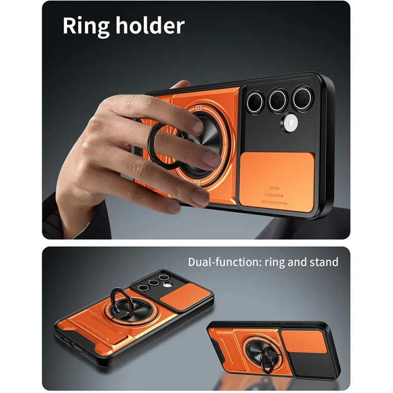 Bulk Purchasing For Samsung Galaxy A55 5G Magnetic Case Ring Holder Foldable Kickstand TPU PC Phone Cover with Camera Lens Slider - Orange