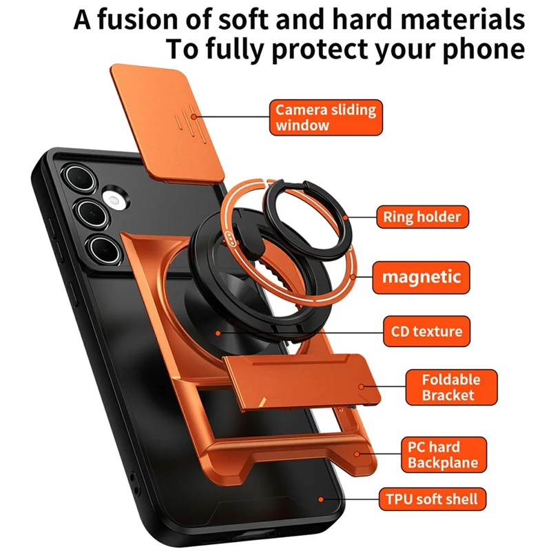 Bulk Purchasing For Samsung Galaxy A55 5G Magnetic Case Ring Holder Foldable Kickstand TPU PC Phone Cover with Camera Lens Slider - Orange