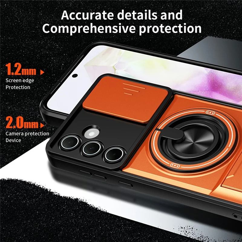 Bulk Purchasing For Samsung Galaxy A55 5G Magnetic Case Ring Holder Foldable Kickstand TPU PC Phone Cover with Camera Lens Slider - Orange
