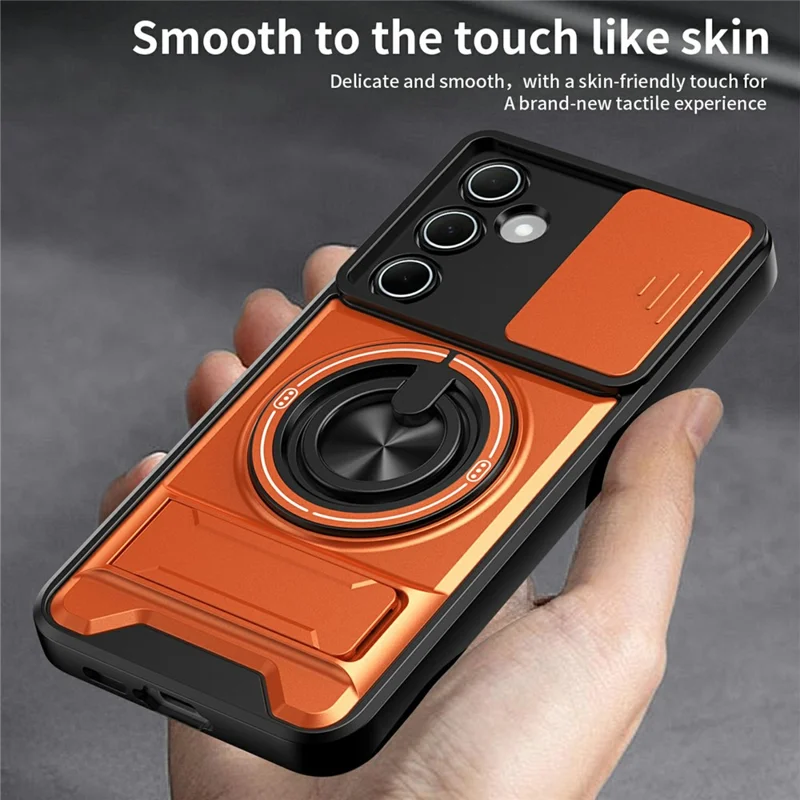 Bulk Purchasing For Samsung Galaxy A55 5G Magnetic Case Ring Holder Foldable Kickstand TPU PC Phone Cover with Camera Lens Slider - Orange