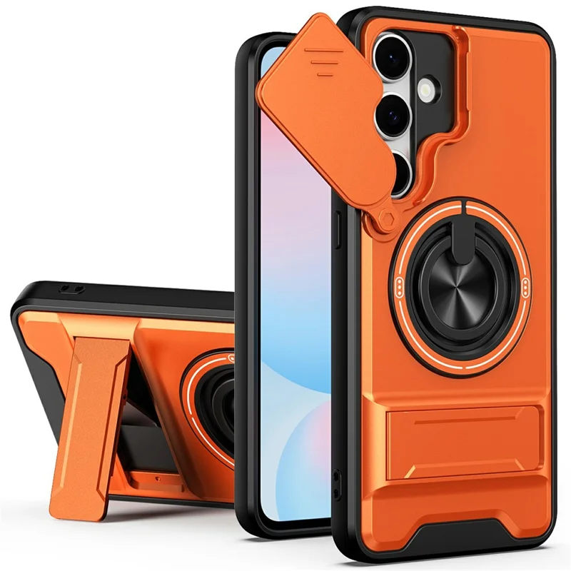 Bulk Purchasing For Samsung Galaxy S24 FE Magnetic Case Ring Holder Foldable Kickstand TPU PC Phone Cover with Camera Lens Slider - Orange