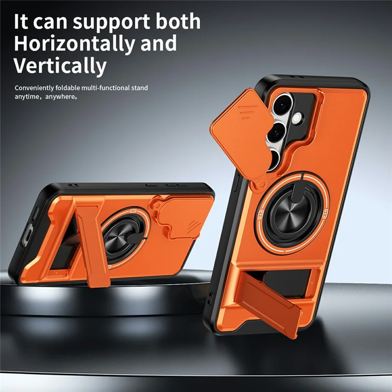 Bulk Purchasing For Samsung Galaxy S24 FE Magnetic Case Ring Holder Foldable Kickstand TPU PC Phone Cover with Camera Lens Slider - Orange