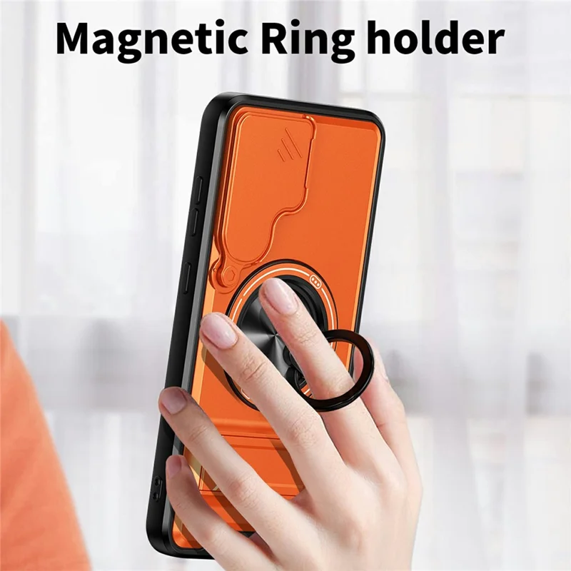 Bulk Purchasing For Samsung Galaxy S24 FE Magnetic Case Ring Holder Foldable Kickstand TPU PC Phone Cover with Camera Lens Slider - Orange