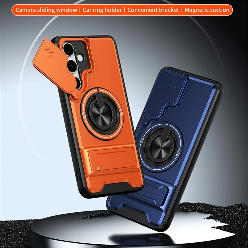 Bulk Purchasing For Samsung Galaxy S24 FE Magnetic Case Ring Holder Foldable Kickstand TPU PC Phone Cover with Camera Lens Slider - Orange