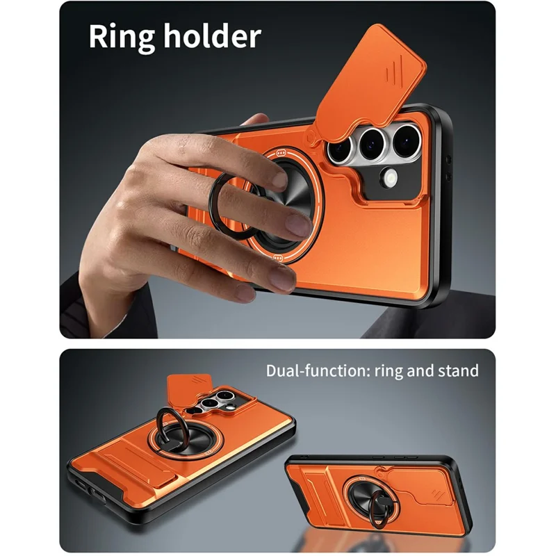 Bulk Purchasing For Samsung Galaxy S24 FE Magnetic Case Ring Holder Foldable Kickstand TPU PC Phone Cover with Camera Lens Slider - Orange