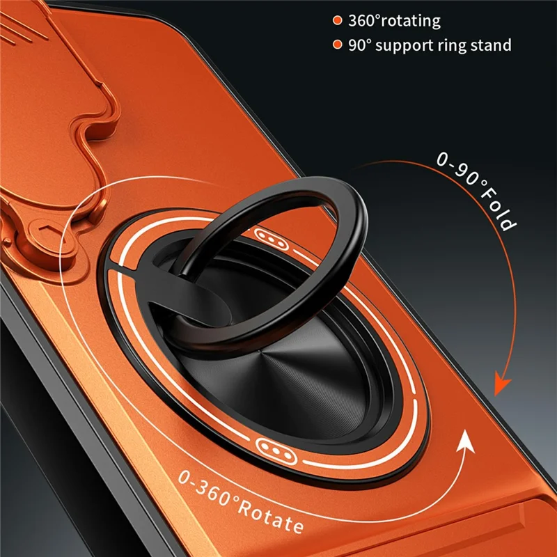 Bulk Purchasing For Samsung Galaxy S24 FE Magnetic Case Ring Holder Foldable Kickstand TPU PC Phone Cover with Camera Lens Slider - Orange