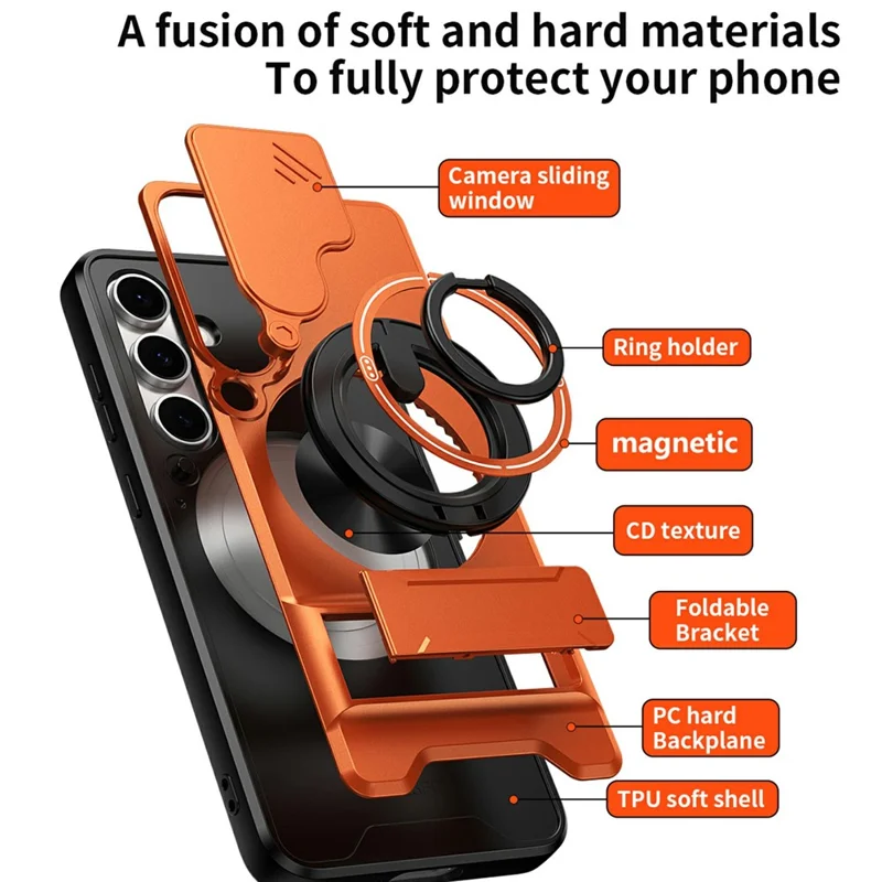Bulk Purchasing For Samsung Galaxy S24 FE Magnetic Case Ring Holder Foldable Kickstand TPU PC Phone Cover with Camera Lens Slider - Orange
