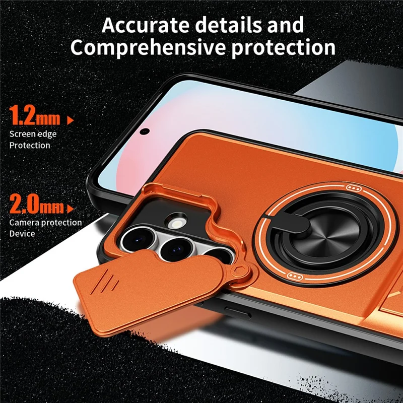 Bulk Purchasing For Samsung Galaxy S24 FE Magnetic Case Ring Holder Foldable Kickstand TPU PC Phone Cover with Camera Lens Slider - Orange