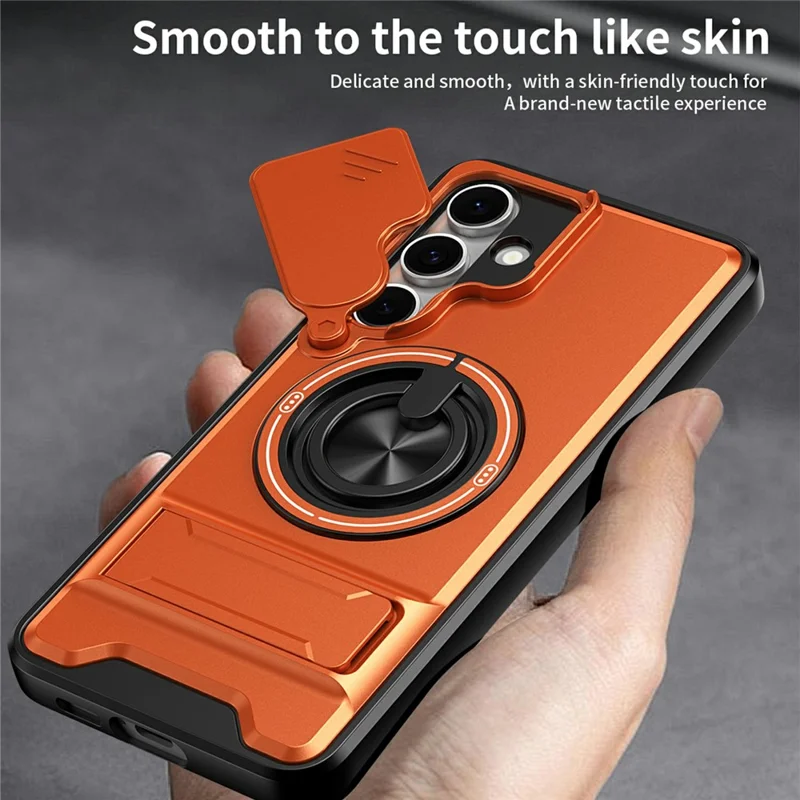Bulk Purchasing For Samsung Galaxy S24 FE Magnetic Case Ring Holder Foldable Kickstand TPU PC Phone Cover with Camera Lens Slider - Orange