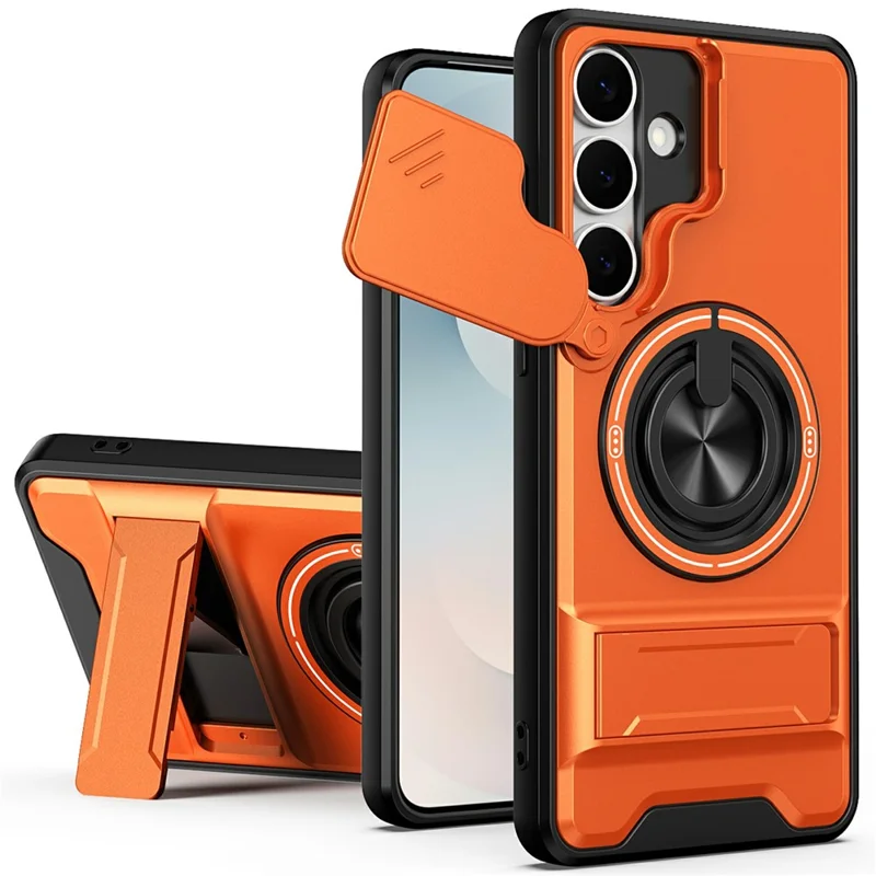 Bulk Purchasing For Samsung Galaxy S25 FE Magnetic Case Ring Holder Foldable Kickstand TPU PC Phone Cover with Camera Lens Slider - Orange