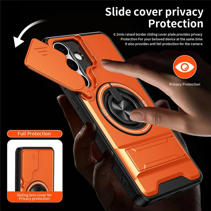 Bulk Purchasing For Samsung Galaxy S25 FE Magnetic Case Ring Holder Foldable Kickstand TPU PC Phone Cover with Camera Lens Slider - Orange
