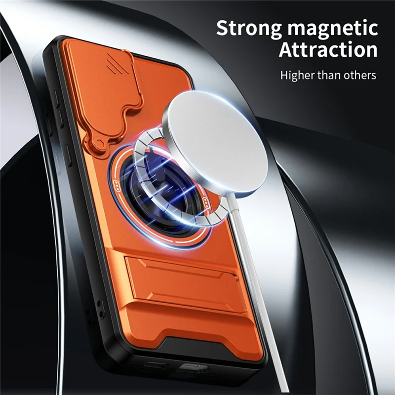 Bulk Purchasing For Samsung Galaxy S25 FE Magnetic Case Ring Holder Foldable Kickstand TPU PC Phone Cover with Camera Lens Slider - Orange