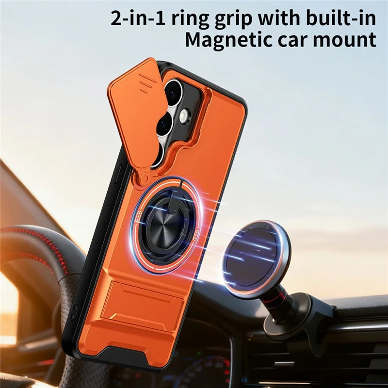 Bulk Purchasing For Samsung Galaxy S25 FE Magnetic Case Ring Holder Foldable Kickstand TPU PC Phone Cover with Camera Lens Slider - Orange