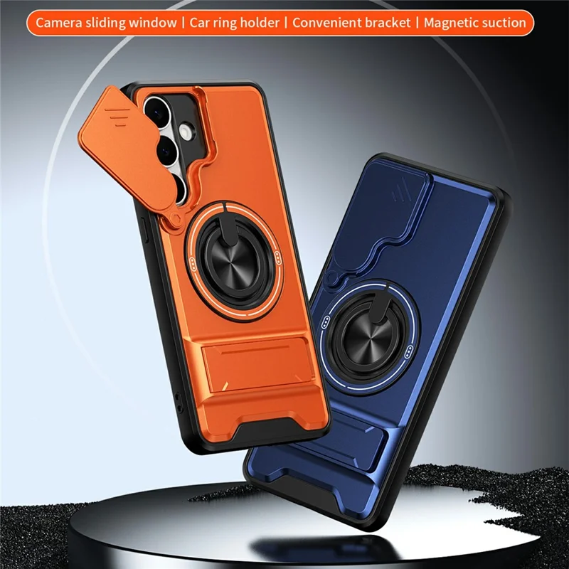 Bulk Purchasing For Samsung Galaxy S25 FE Magnetic Case Ring Holder Foldable Kickstand TPU PC Phone Cover with Camera Lens Slider - Orange