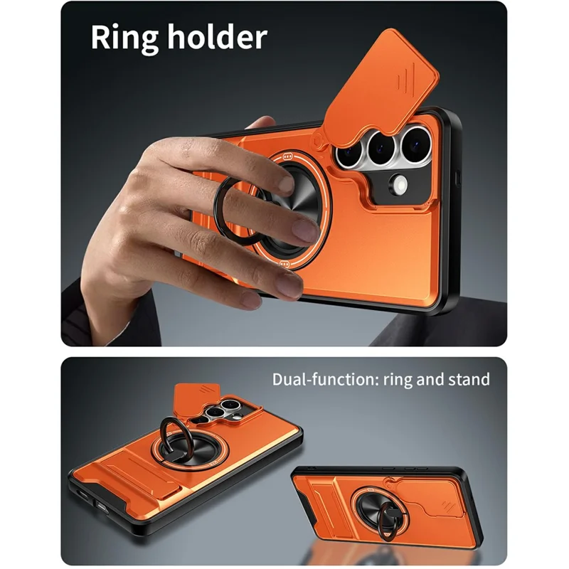 Bulk Purchasing For Samsung Galaxy S25 FE Magnetic Case Ring Holder Foldable Kickstand TPU PC Phone Cover with Camera Lens Slider - Orange