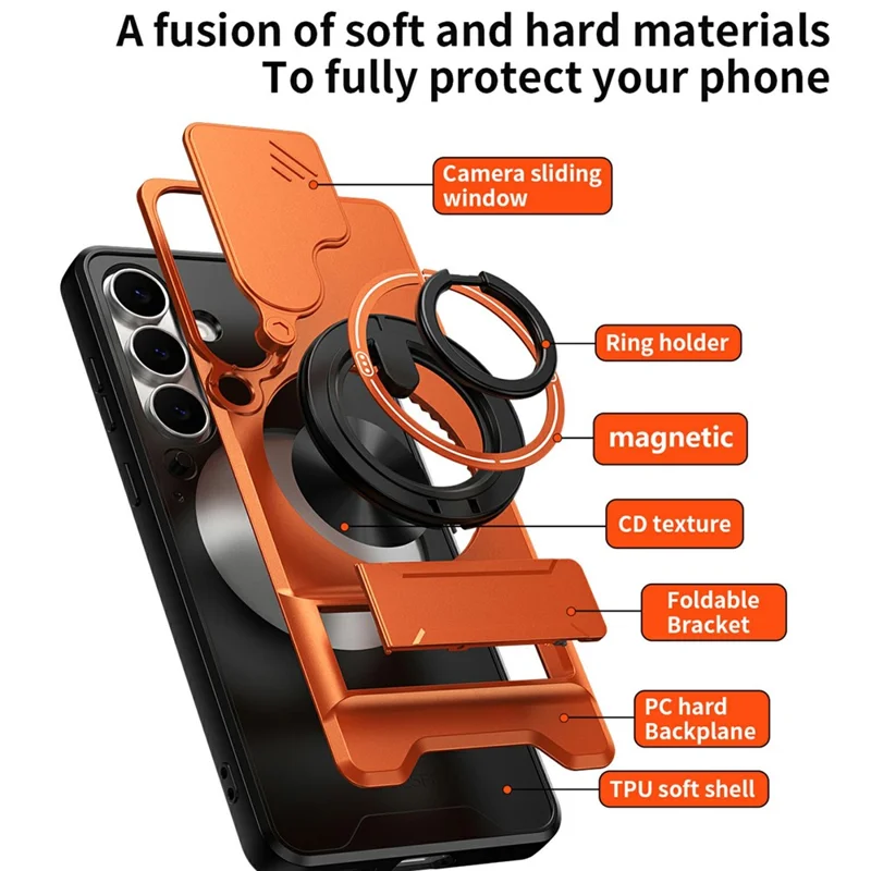 Bulk Purchasing For Samsung Galaxy S25 FE Magnetic Case Ring Holder Foldable Kickstand TPU PC Phone Cover with Camera Lens Slider - Orange