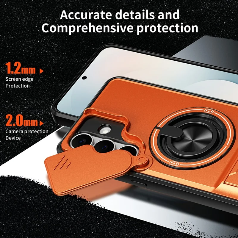Bulk Purchasing For Samsung Galaxy S25 FE Magnetic Case Ring Holder Foldable Kickstand TPU PC Phone Cover with Camera Lens Slider - Orange
