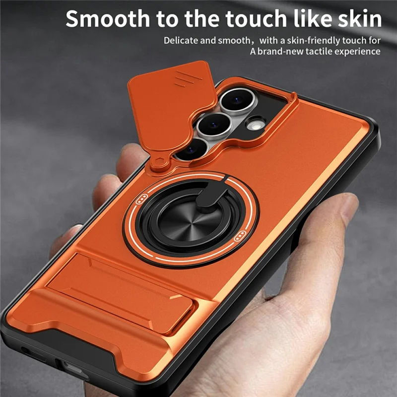 Bulk Purchasing For Samsung Galaxy S25 FE Magnetic Case Ring Holder Foldable Kickstand TPU PC Phone Cover with Camera Lens Slider - Orange