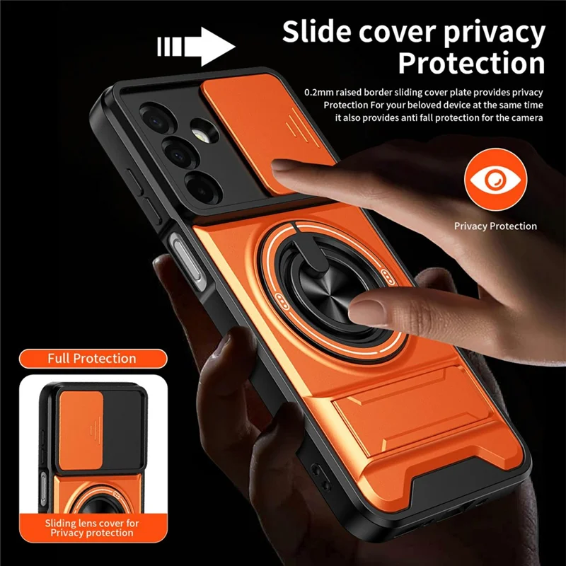Bulk Purchasing For Samsung Galaxy A26 5G Magnetic Case Ring Holder Foldable Kickstand TPU PC Phone Cover with Camera Lens Slider - Orange