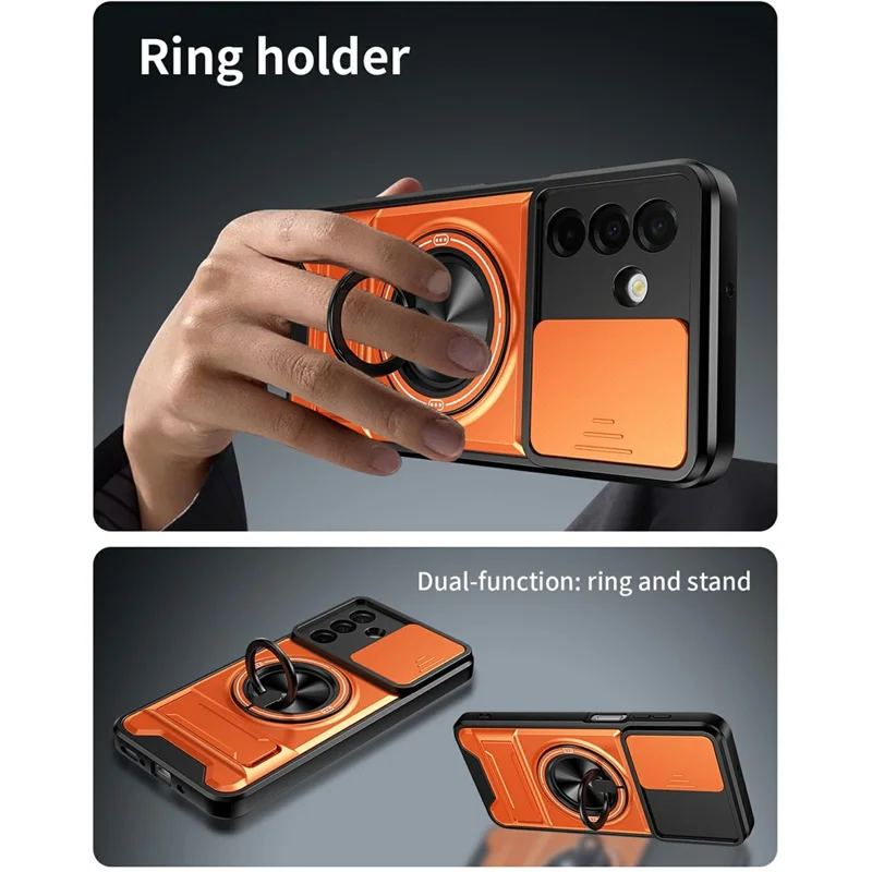 Bulk Purchasing For Samsung Galaxy A26 5G Magnetic Case Ring Holder Foldable Kickstand TPU PC Phone Cover with Camera Lens Slider - Orange
