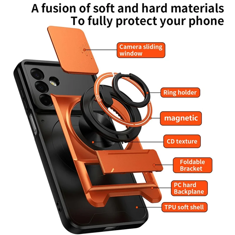 Bulk Purchasing For Samsung Galaxy A26 5G Magnetic Case Ring Holder Foldable Kickstand TPU PC Phone Cover with Camera Lens Slider - Orange
