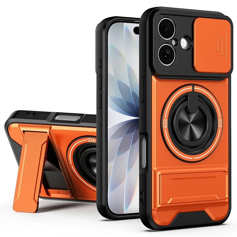 Bulk Purchasing For iPhone 17 Compatible with MagSafe Case Ring Holder Foldable Kickstand TPU PC Phone Cover with Camera Lens Slider - Orange