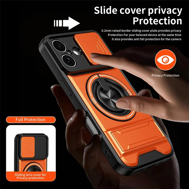 Bulk Purchasing For iPhone 17 Compatible with MagSafe Case Ring Holder Foldable Kickstand TPU PC Phone Cover with Camera Lens Slider - Orange
