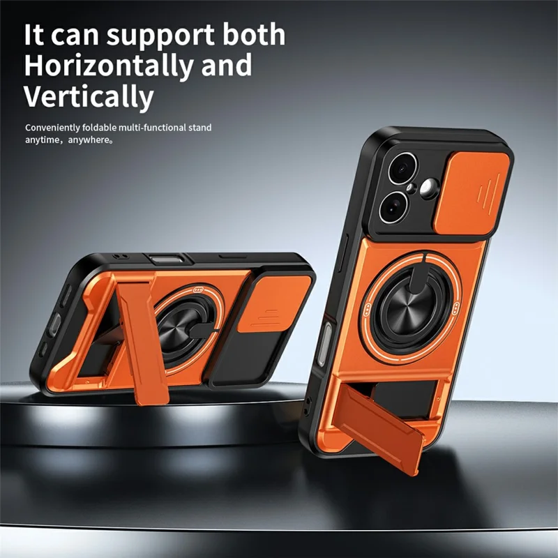 Bulk Purchasing For iPhone 17 Compatible with MagSafe Case Ring Holder Foldable Kickstand TPU PC Phone Cover with Camera Lens Slider - Orange
